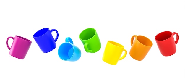 Tazas con los colores del arco iris sobre un fondo blanco. Render 3d