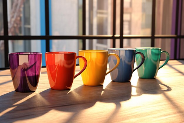 Foto las tazas de colores colocadas en una mesa con la luz del sol fluyendo a través de las ventanas