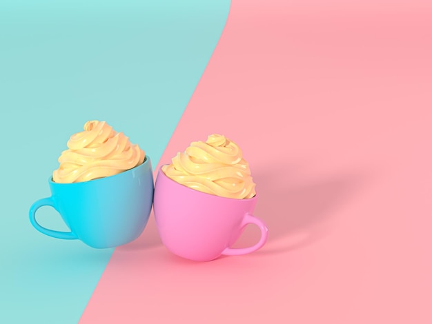 Tazas de colores con crema sobre fondo rosa y azul ilustración de render 3d