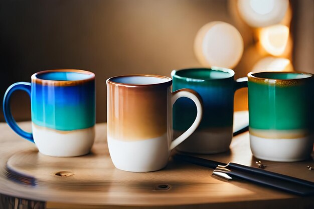 tazas de colores en una mesa con una luz en el fondo.