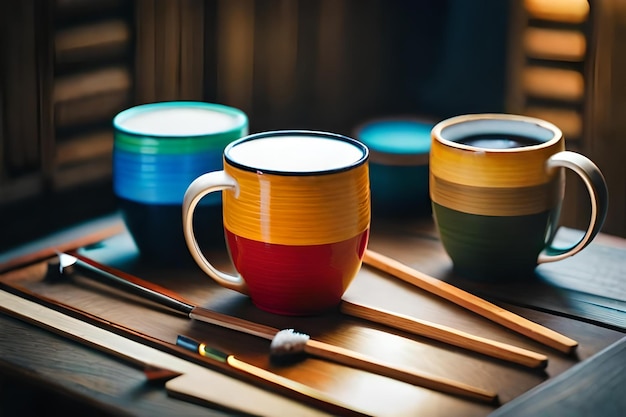 Tazas de colores en una mesa con una de rayas amarillas y rojas.