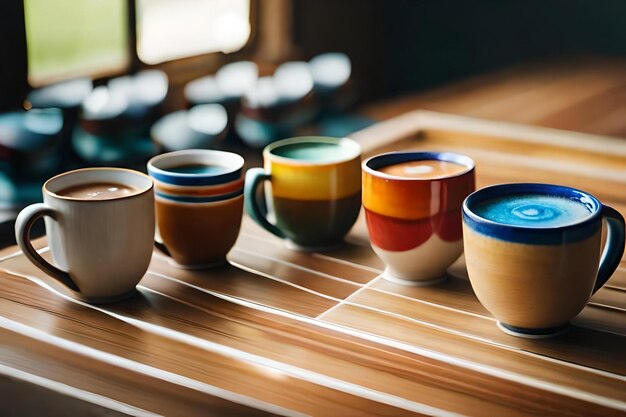 Tazas de colores sobre una mesa de madera con una que dice "cerámica".