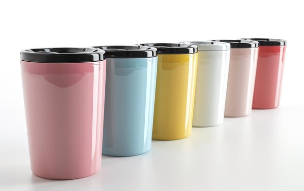 Tazas de colores variados alineadas juntas sobre una superficie