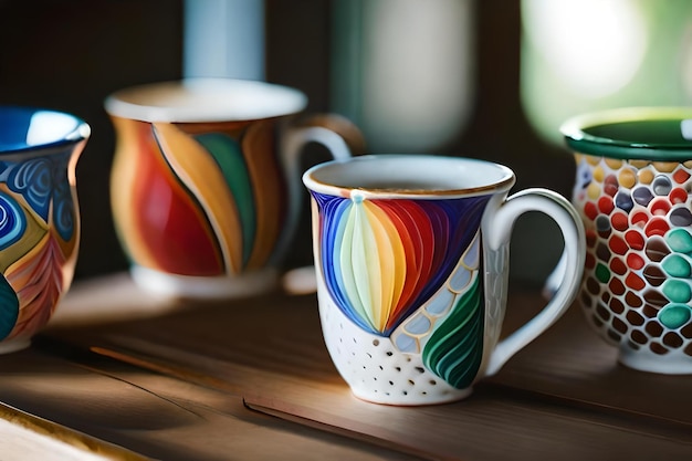 Tazas coloridas con un diseño de arcoíris.