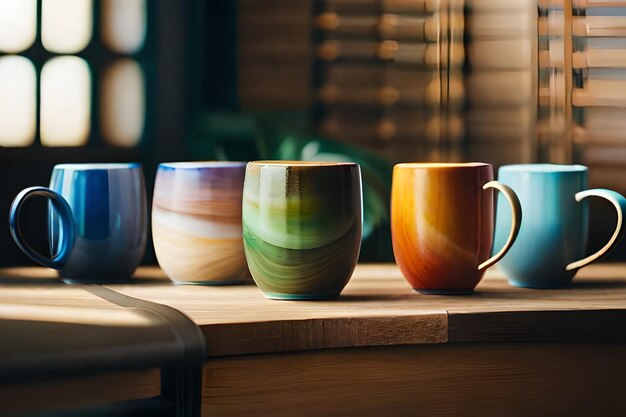 Tazas coloridas sobre una mesa con una ventana detrás de ellas.