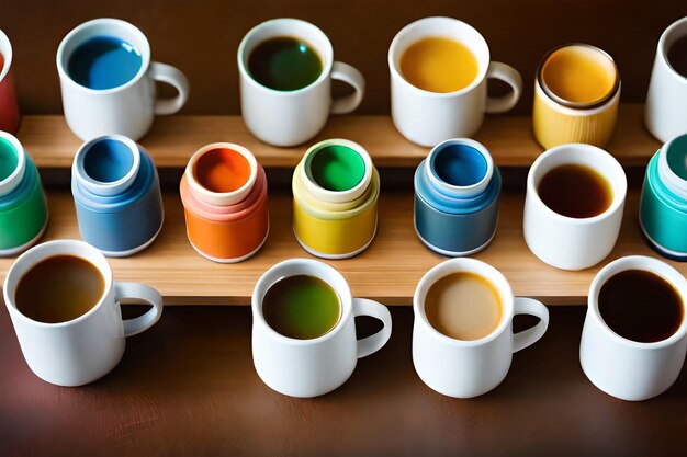 tazas coloridas en una tabla de madera con las palabras "café" en la parte inferior.
