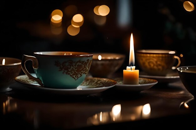 Foto tazas de té con una vela en el medio