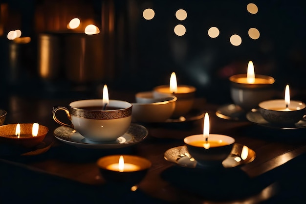 Foto tazas de té con una vela en el medio