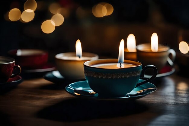 Foto tazas de té con una vela en el medio