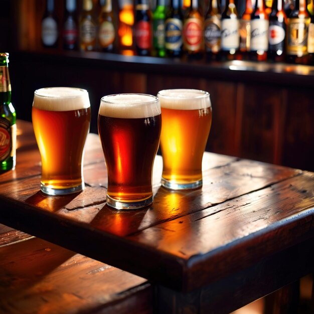 Foto tazas y vasos de cerveza en una mesa de madera en un pub y un bar