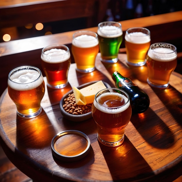 Foto tazas y vasos de cerveza en una mesa de madera en un pub y un bar