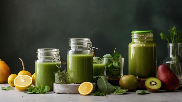 Foto tazas de vidrio con smoothie de salud verde hojas de col limón manzana kiwi uvas plátano aguacate lechuga espacio de copia alimento vegano vegetariano alcalino concepto generativo ai