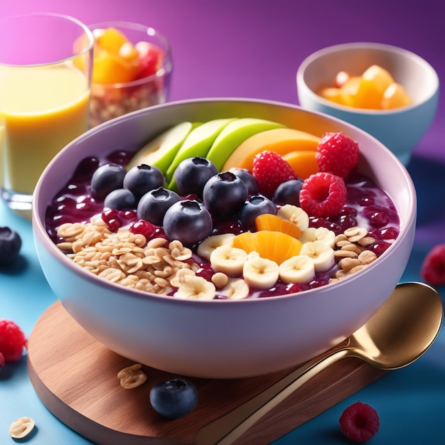 Tazón de acai con avena, fruta, leche condensada y cereal, concepto de comida saludable