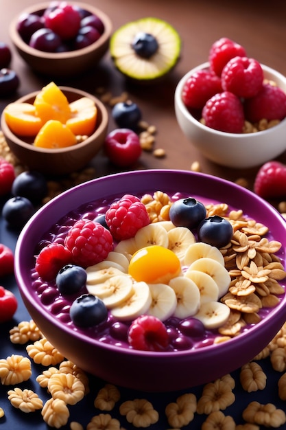 Tazón de acai con avena, fruta, leche condensada y cereal, concepto de comida saludable