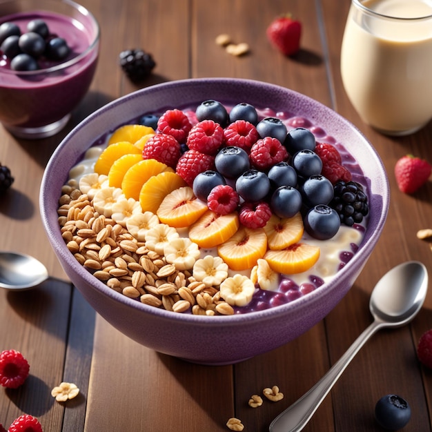 Tazón de acai con avena, fruta, leche condensada y cereal, concepto de comida saludable