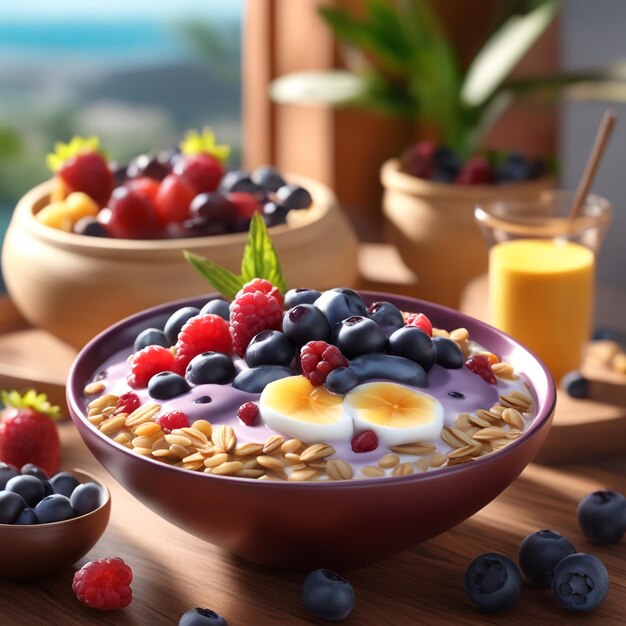 Tazón de acai con avena, fruta, leche condensada y cereal, concepto de comida saludable