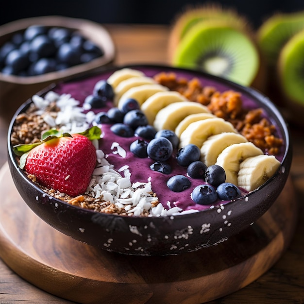 Un tazón de acai de comida brasileña con plátanos, arándanos, fresas y plátanos