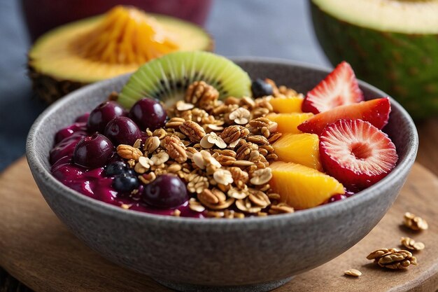 Un tazón de acai cubierto de frutas cortadas y granola