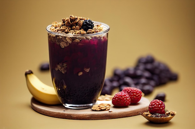 Tazón de açaí con granola, frutas tropicales, plátano, fresa, frambuesa, leche condensada y cereal. Enfoque selectivo. De cerca.