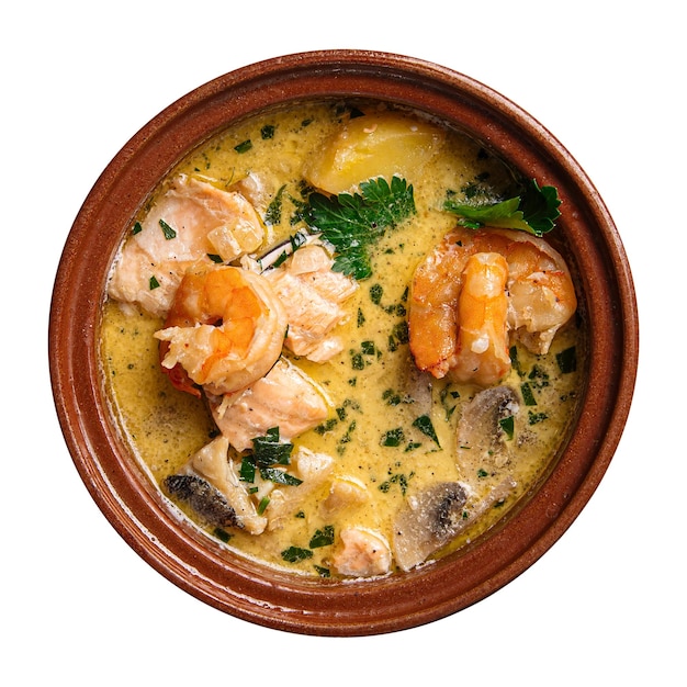 Tazón aislado de sopa cremosa de mariscos frescos