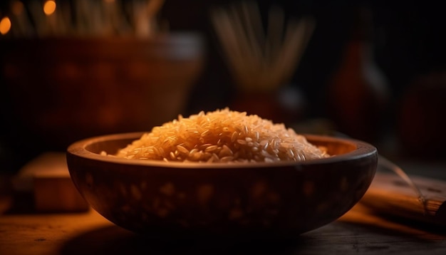 Tazón de arroz basmati orgánico, un alimento básico saludable para dietas vegetarianas generado por IA