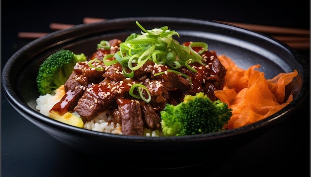 Un tazón de arroz de carne de Donburi que contiene cebollas de carne de res cocidas a fuego lento sobre arroz al vapor fotografía de comida