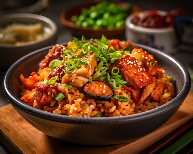 Un tazón de arroz frito picante y sabroso con kimchi con panceta de pollo y verduras AI generativa