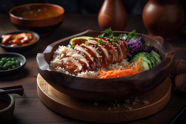 Un tazón de arroz con un pollo encima.