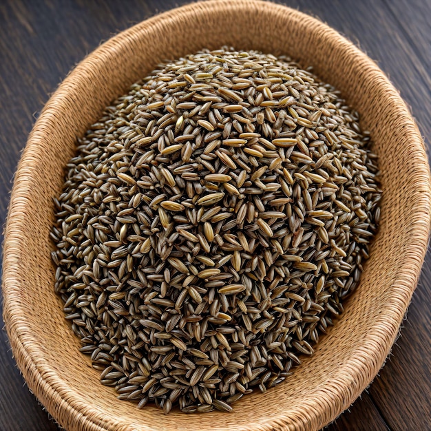 Un tazón de arroz se sienta sobre una mesa de madera.