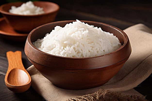 Un tazón de arroz con un tazón de arroz de madera sobre una mesa.