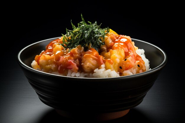 Un tazón de arroz tempura de camarones con huevo de camarón y algas marinas