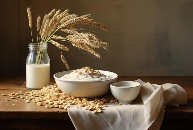 Foto un tazón de avena al lado de un tazó de leche