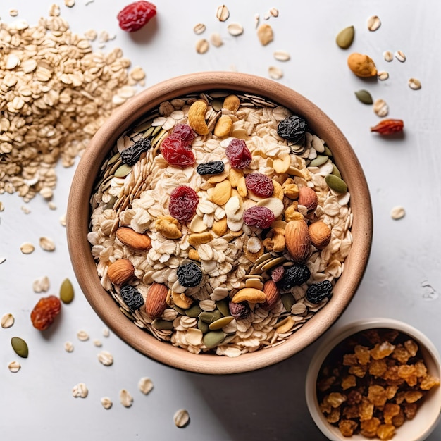 Un tazón de avena con algunas semillas y un tazón pequeño de granola.