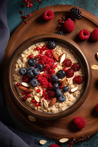 Un tazón de avena con bayas y almendras.