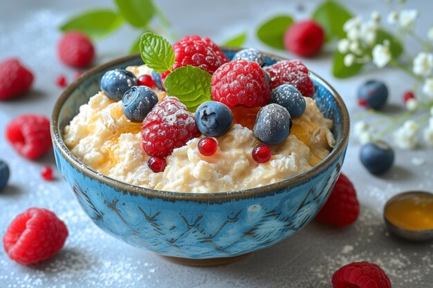 Foto un tazón de avena cremosa adornado con bayas frescas y un remolino de miel