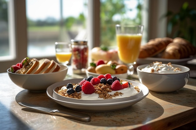 Tazón de avena para el desayuno con queso italiano suave y canela, croissants, café y IA generativa