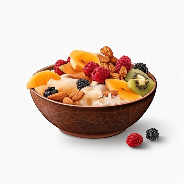 Un tazón de avena con frutas y nueces.