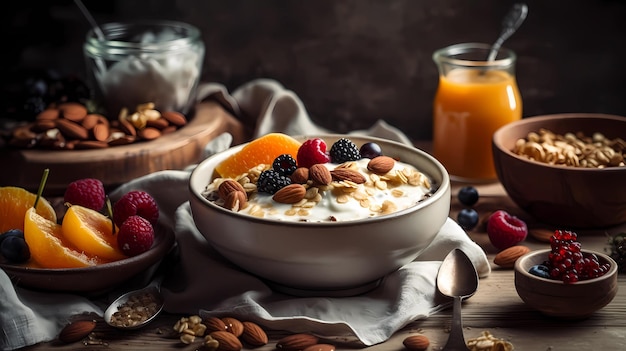 Un tazón de avena con frutas y nueces.