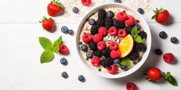 Tazón de avena con frutas sobre fondo blanco vista superior desayuno saludable AI generativa