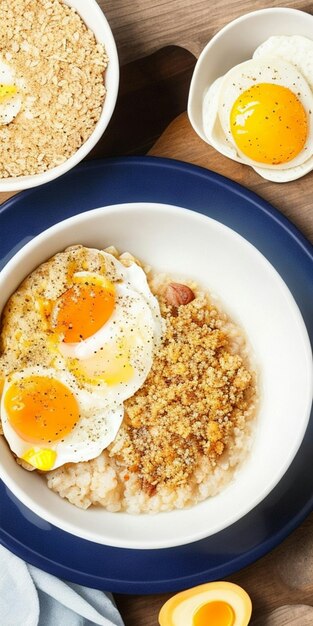 Un tazón de avena con huevos y tocino