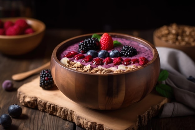 Tazón de batido de Acai con muchas frutas y bayas ai generativo