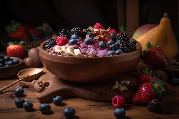 Tazón de batido de Acai con muchas frutas y bayas ai generativo