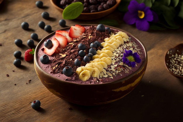 tazón de batido de acai con varias frutas y granola