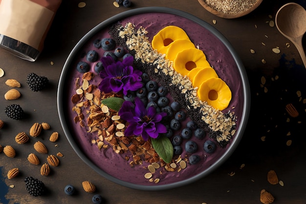 tazón de batido de acai con varias frutas