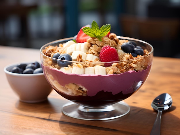 Tazón de batido de desayuno saludable con bayas tropicales de acai, fresa, plátano, arándano y granola en un recipiente de vidrio en la mesa mañana soleada Desayuno energético lleno de vitaminas, antioxidantes y fibra