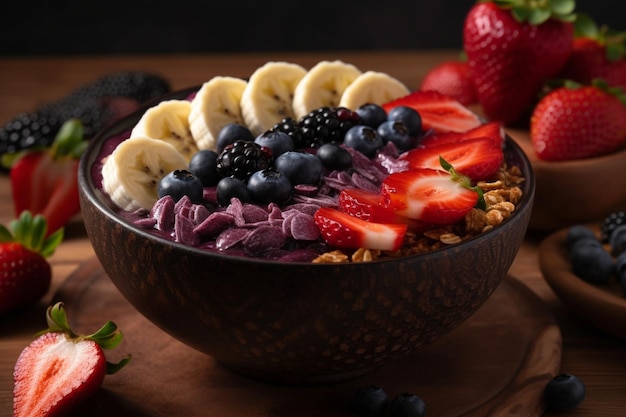 Un tazón de batido de frutas con arándanos y plátanos