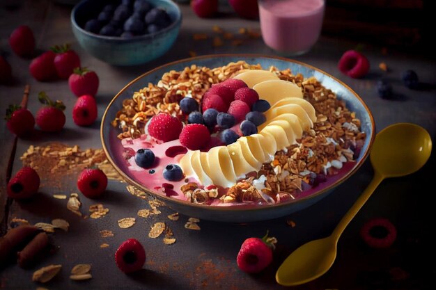 Un tazón de batido de frutas con granola y granola encima