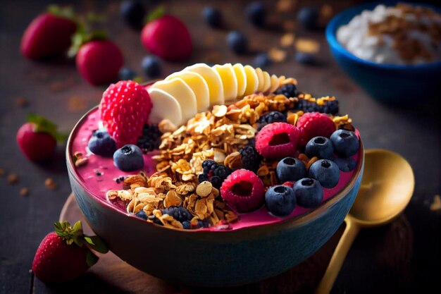 Un tazón de batido con una variedad de bayas y granola.