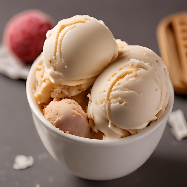 un tazón blanco de helados con una galleta en el medio