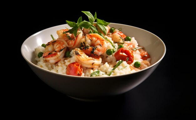 Foto un tazón blanco lleno de camarón y risotto de pollo